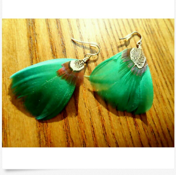 PEACOCK FEATHER Earrings Green Brown Goldtone boho - Picture 2 of 4